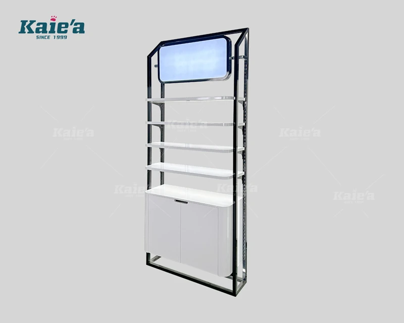 Vitrina de exhibici&oacute;n de productos para el cuidado de la piel con estanter&iacute;a blanca