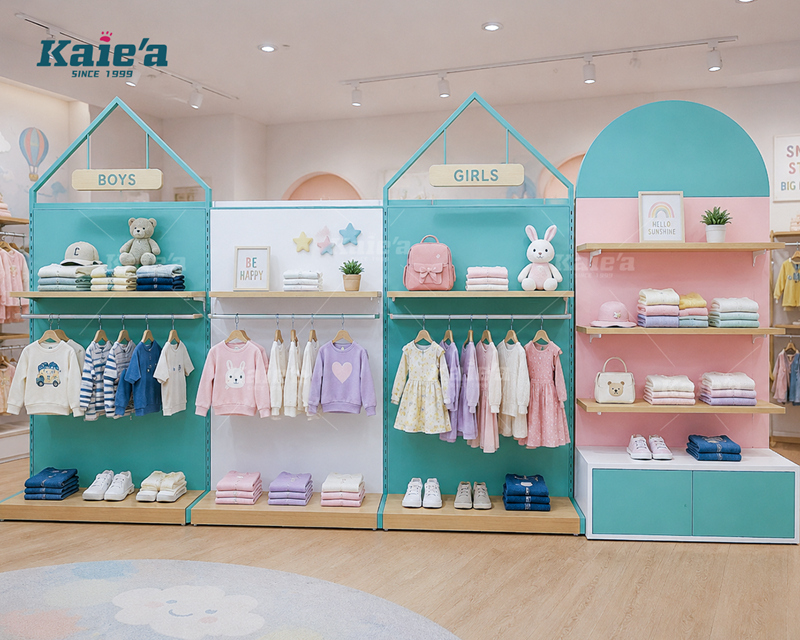 Expositor de ropa para tienda infantil.