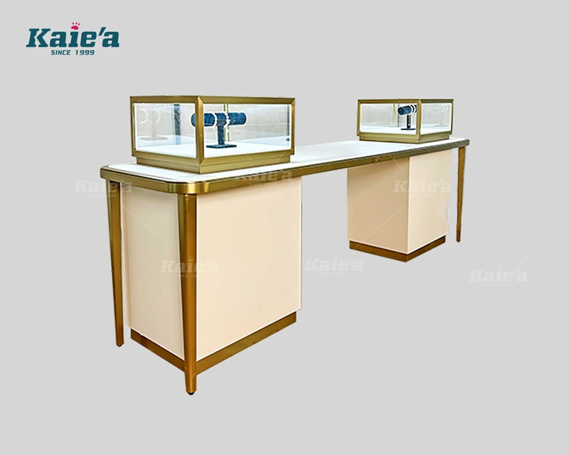 Mesa de negociaci&oacute;n de lujo con dos vitrinas de joyer&iacute;a
