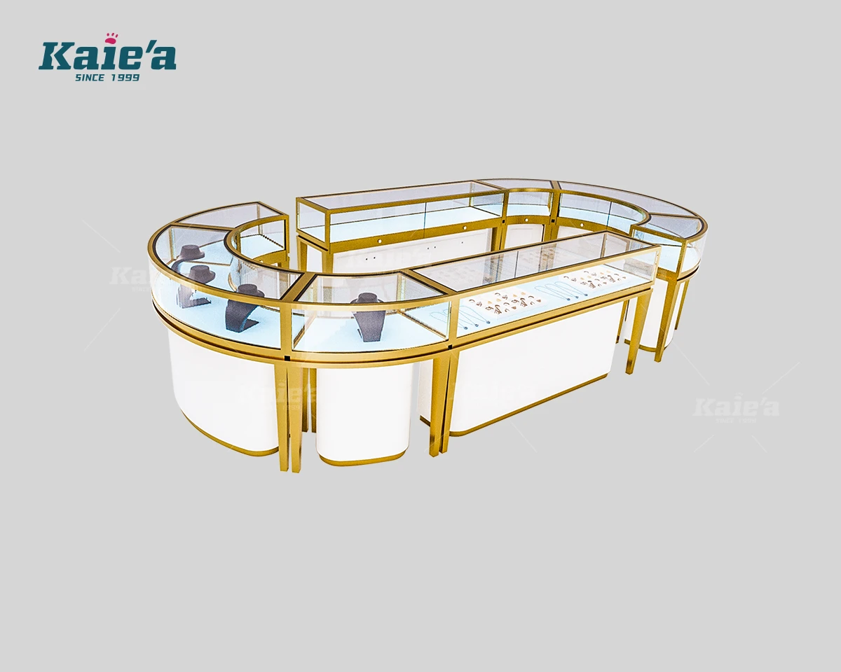 Expositor de joyer&iacute;a con forma de isla ovalada y curva